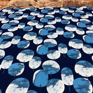 Navy Blue tablecloth with decorative blue white trees great gift Scandinavian cotton fabric, stylized trees table cloth