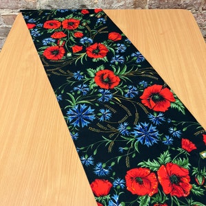 Black table runner with poppy and cornflower print, Scandinavian design, modern design, cotton table runner