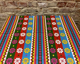 Rainbow Striped Cotton Tablecloth: Scandinavian Floral Design