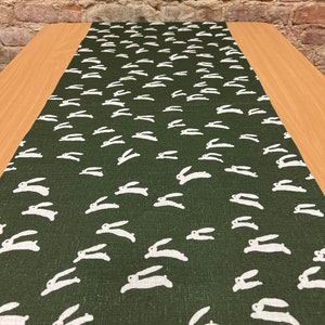 Green Cotton Table Runner: Swedish Design with Bunnies