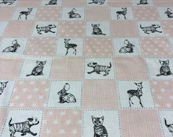 White pink cotton   tablecloth with dog, cat, rabbit, lightweight pink gray white cotton tablecloth ,  Scandinavian design