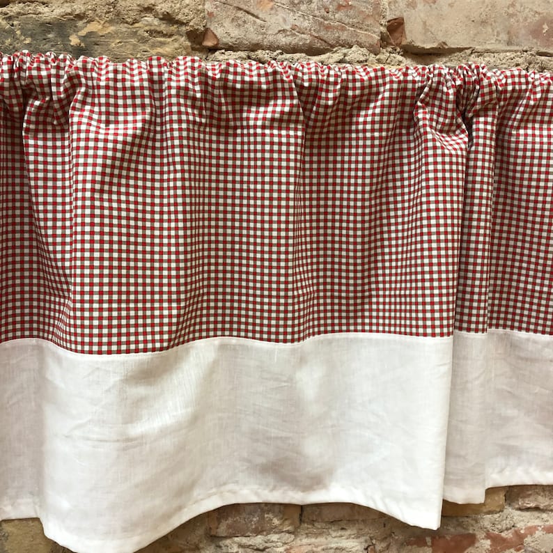 Cafe curtain red tartan cotton curtains ,cotton valance, Scandinavian linen curtains panel white with tartan curtain panel image 2