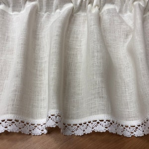 Linen curtain with lace White linen cafe curtains Linen valance Scandinavian linen curtains panel, farmhouse curtain