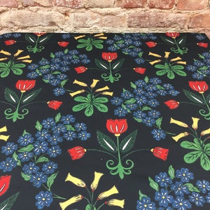 Black tablerunner with blue yellow and red flowers Flower table runner Scandinavian design Mothers day gift Cotton tablecloth