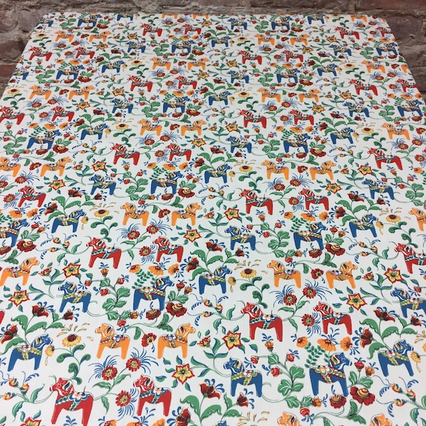 Cotton tablecloth beige with  red blue orange Swedish Dala Horses, Scandinavian design, Swedish fabric