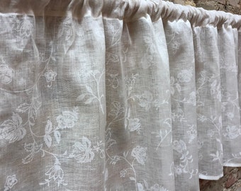 Cafe curtain, White Linen Curtain Linen Curtains White Roses Print Cafe Curtains Kitchen Valance Panels Curtains