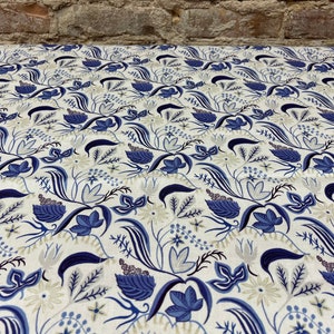 White tablecloth with blue decorative print, cotton tablecloth, Scandinavian design