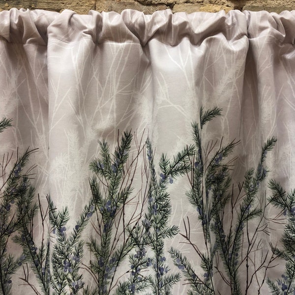 Curtains light grey with juniper twigs and berry print, elegant curtain, cotton valance, Scandinavian design, cafe curtain