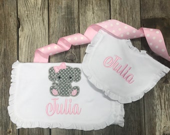Girl Elephant Bib and Burp Pad, Shower Gift, Baby Gift, Baby Sets, Bib and Burp Pad, Bib and Burp Cloth, Girl Gift, Personalized Baby Gift