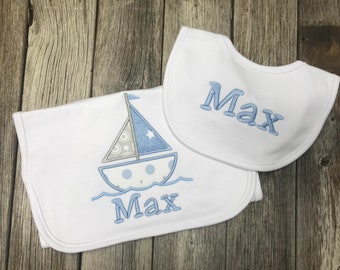 Boy Sailboat Bib and Burp Pad, Baby Gift, Shower Gift,  Baby Sets, Bib and Burp Pad, Bib and Burp Cloth, Gift, Personalized Baby Gift