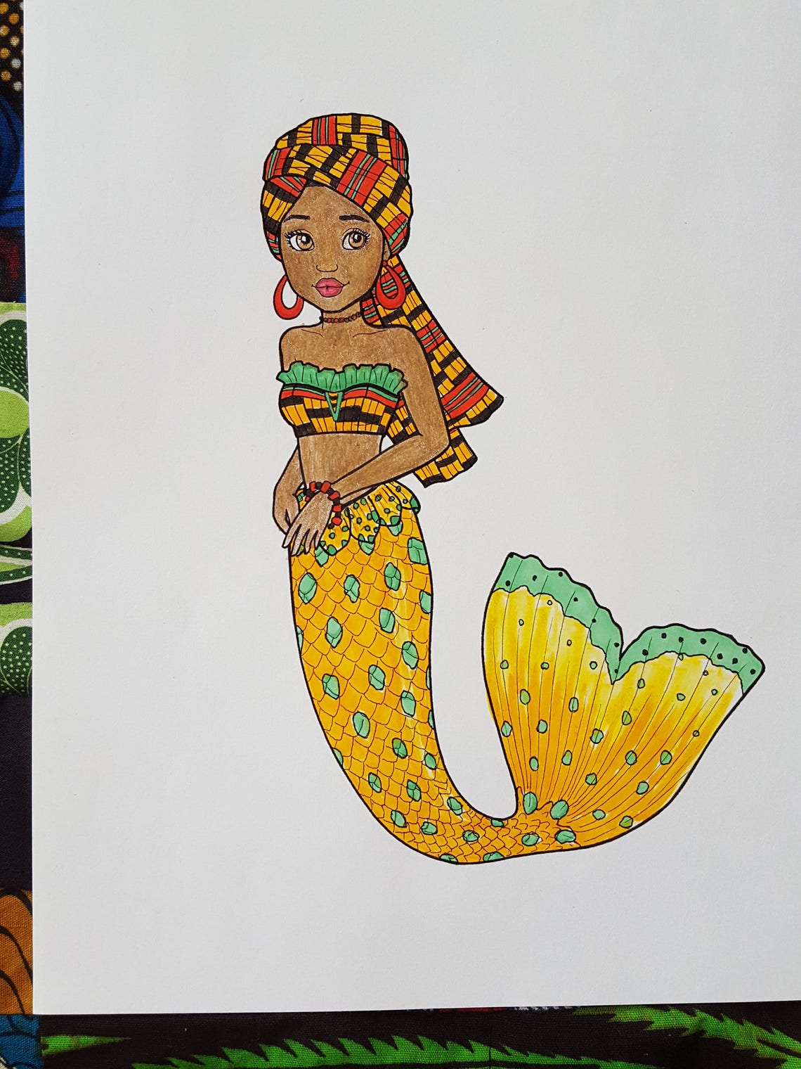 Cute African Mermaid Fantasy Coloring Page Adult Coloring Page