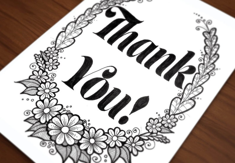Digital Coloring Page Thank You With Flowers Hand | Etsy