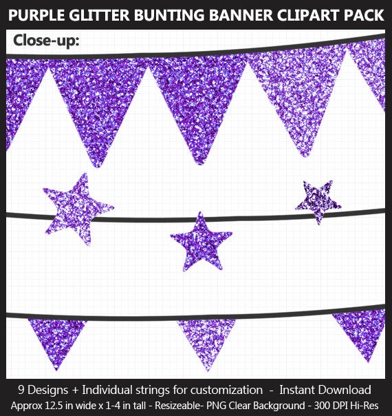 Purple Glitter Bunting Banner Clipart Pack Wedding Baby Etsy