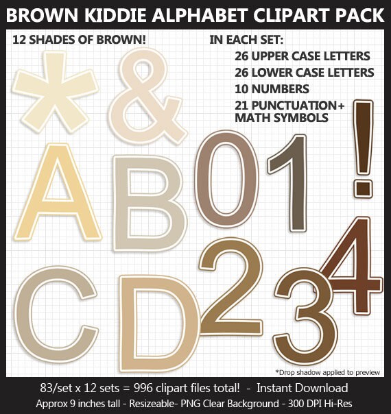 Brown Kiddie Alphabet Clipart Pack Letters Numbers Etsy