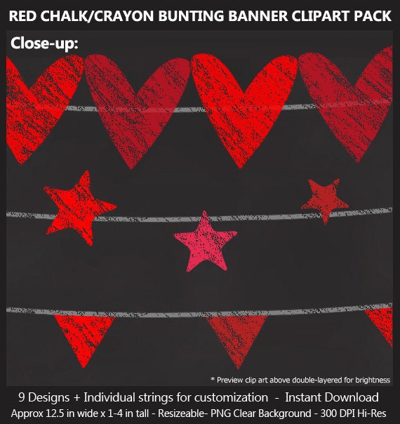 Red Chalk Bunting Banner Clipart Bonus Free Chalkboard Etsy