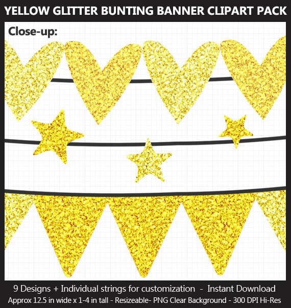 Yellow Glitter Bunting Banner Clipart Pack Wedding Baby Etsy