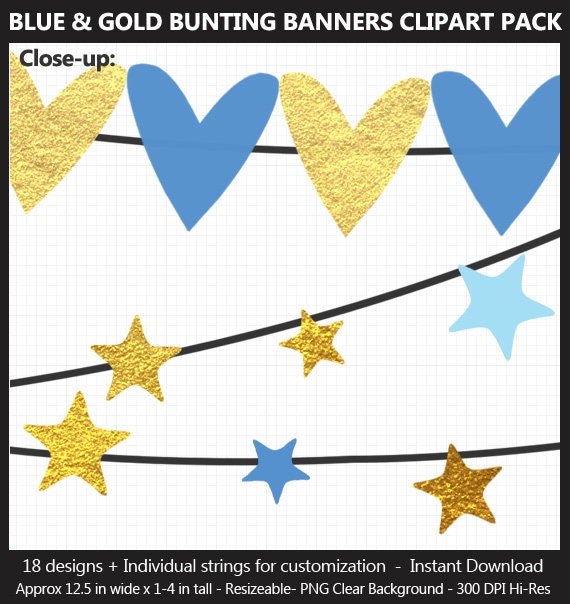Blue And Gold Foil Bunting Banner Clipart Pack Wedding Boy Etsy