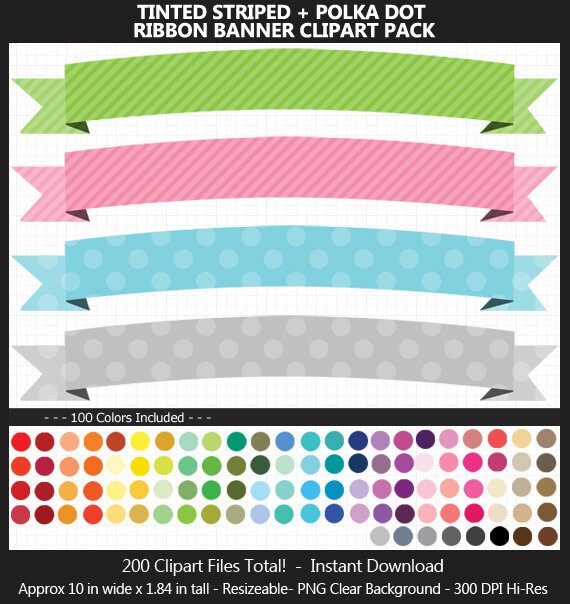 Ribbon Banner Clipart Pack Tinted Stripes Polka Dots 100 Etsy