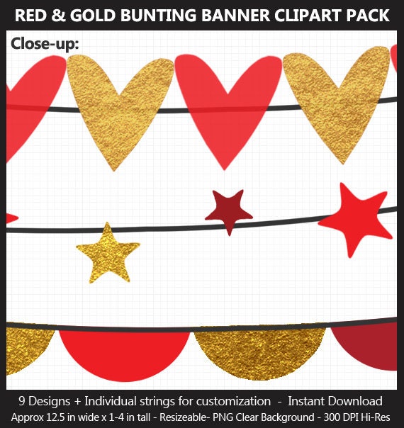 Red Gold Foil Bunting Banner Clipart Pack Wedding Etsy