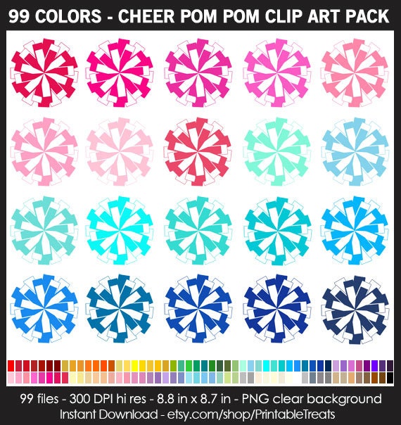 Cheer Pom Pom Clipart Pack 99 Fun Colors Cheerleading Etsy