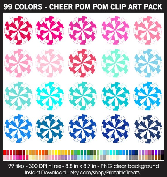 Cheer Pom Pom Clipart Pack 99 Fun Colors Cheerleading Etsy