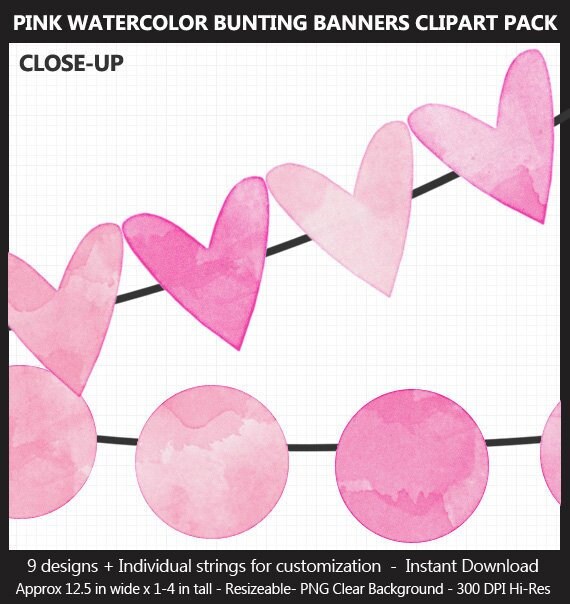 Pink Watercolor Bunting Banner Clipart Pack Wedding Baby Etsy