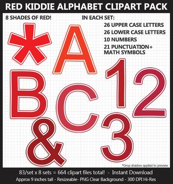 Red Kiddie Alphabet Clipart Pack Letters Numbers Etsy