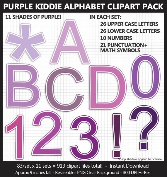 Purple Kiddie Alphabet Clipart Pack Letters Numbers Etsy
