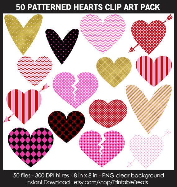 50 Patterned Hearts Clipart Pack Valentine S Day Arrow Etsy
