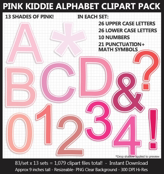 Pink Kiddie Alphabet Clipart Pack Letters Numbers Etsy
