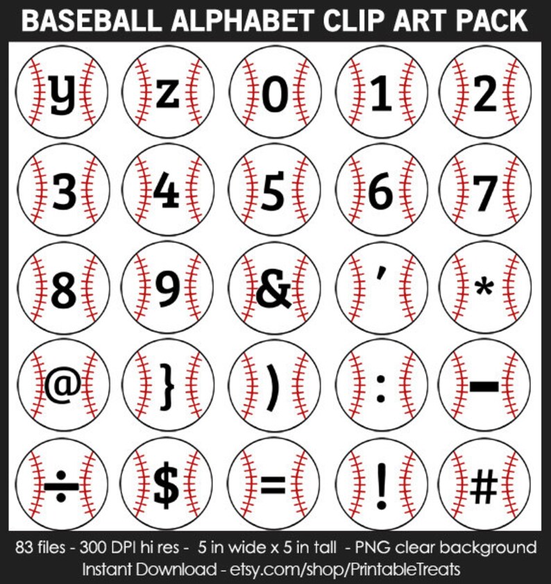 Baseball Alphabet Clipart Pack Numbers Letters Etsy