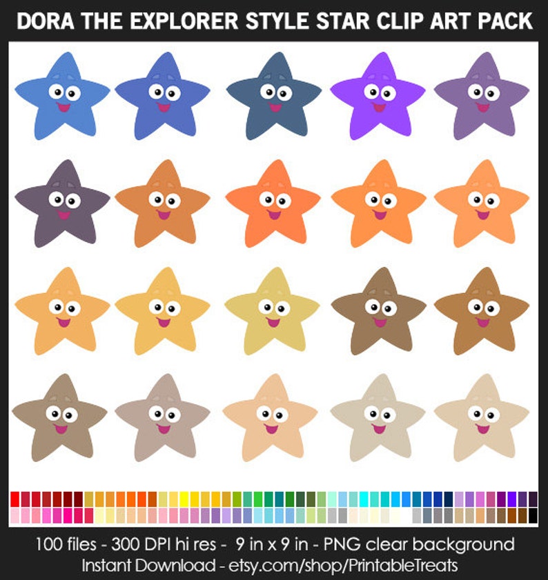 Dora the Explorer Style Star Clipart 100 Fun Colors | Etsy