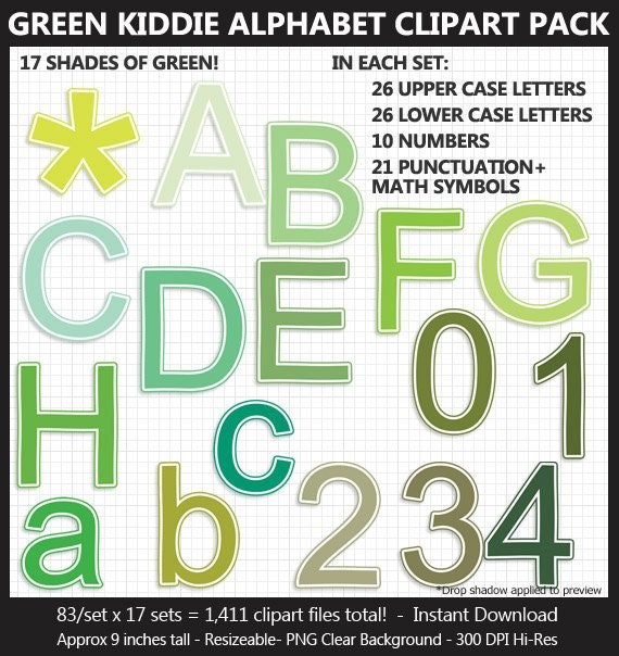 Green Kiddie Alphabet Clipart Pack Letters Numbers Etsy