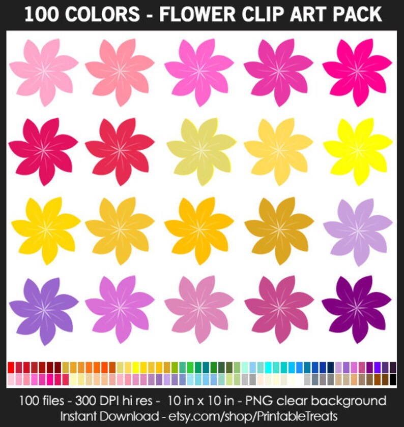 Flower Clipart Pack - 100 Rainbow Hues, Spring, Blossom, Printable, Iron Upon Shift, Planner Sticker, Clroom Decor, Sbook, CUOK photo about Printable Colored Flowers called Flower Clipart Pack - 100 Rainbow Colours, Spring, Blossom, Printable, Iron Upon Shift, Planner Sticker, Clroom Decor, Sbook, CUOK