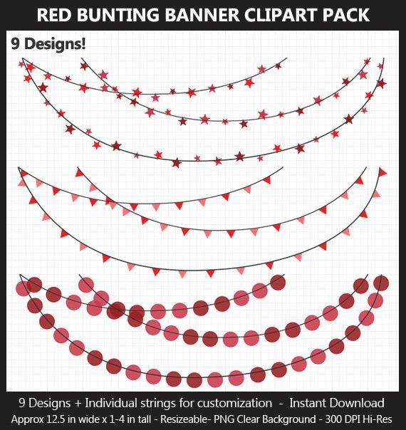 Red Bunting Banner Clipart Pack Wedding Valentine S Etsy