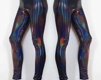 Leggings de festival para hombre en negro iridiscente holográfico