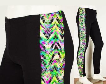 Meggings or Mens Running Tights with Retro Neon Print Strip and Phone Pocket