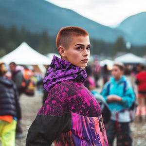 May include: A person wearing a hooded jacket with a vibrant design of pink and purple paint splatters and vertical stripes. The jacket has black sleeves and a purple and black patterned hood. The background includes blurred figures and tents.