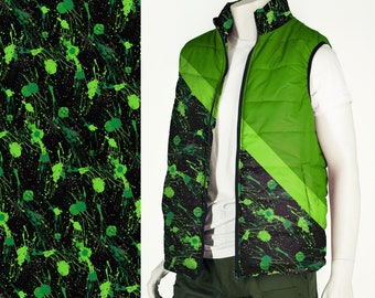 Men's Puffer Vest in Neon Green Color Block Retro Ski Style