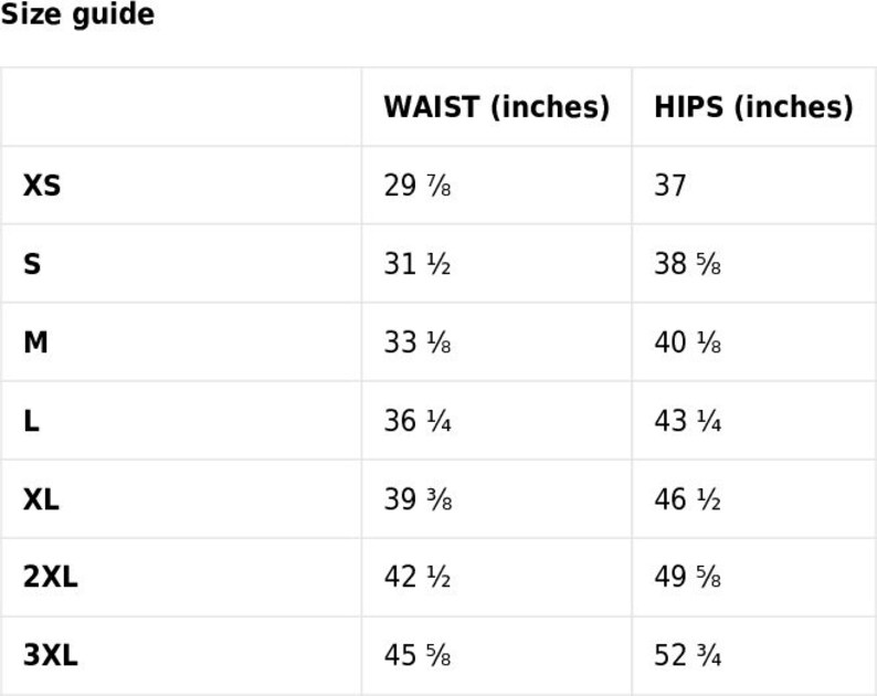 May include: Size guide chart with waist and hip measurements in inches for sizes XS through 3XL.