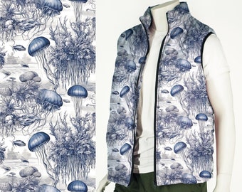 Men's Puffer Vest with Jellyfish Toile de Jouy Print