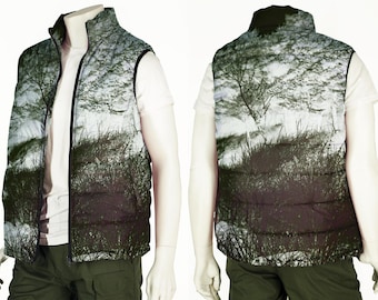 Men's Puffer Vest with Cold Water Surf Theme Cox Bay Beach Grasses