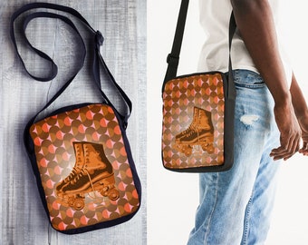 Cross Body Bag with 70s Orange Print and Retro Roller Skates