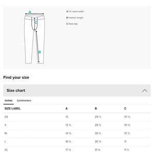 May include: Size chart for trousers with measurements in inches and centimetres. The chart shows the size label, half waist width, inseam length, and front rise for sizes XS to 3XL.