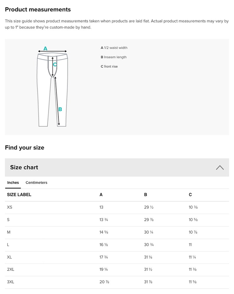 May include: Size chart for trousers with measurements in inches and centimetres. The chart shows the size label, half waist width, inseam length, and front rise for sizes XS to 3XL.