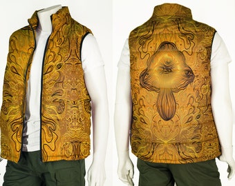 Men's Puffer Vest with Black, Gold and Mustard Trippy Mushroom Eye Print