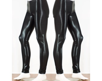 Festival Herren Leggings Meggings Glänzend Schwarz Kunstleder Wet Look