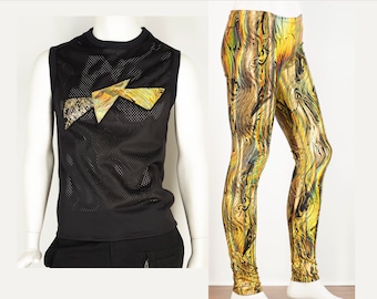 Burning Man Mens Outfits Gold Holographic Meggings and Mesh