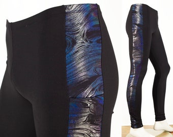 Meggings or Mens Running Tights with Black Pearl Holographic Strip and Phone Pocket