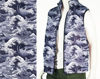 Men's Puffer Vest with A Great Wave Print, Toile de Jouy Style